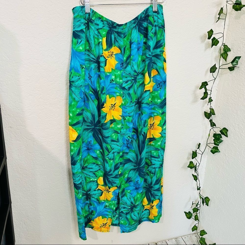 Vtg 70s SA DESIGNS HAWAIIAN FLORAL MAXI SKIRT GREEN YELLOW BLUE USA MADE RAYON - Picture 2 of 9